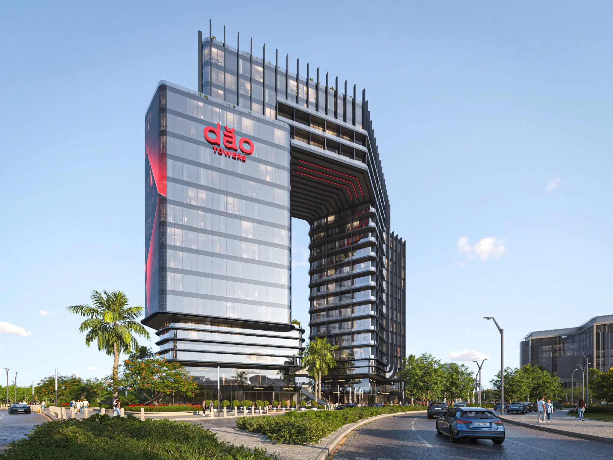 Full view of DAO Towers and its connected architectural form