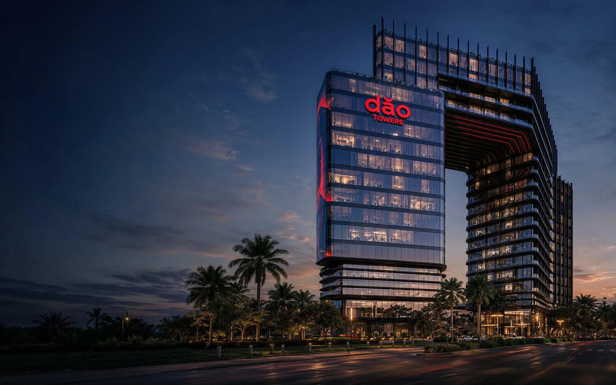 DAO Towers illuminated at night