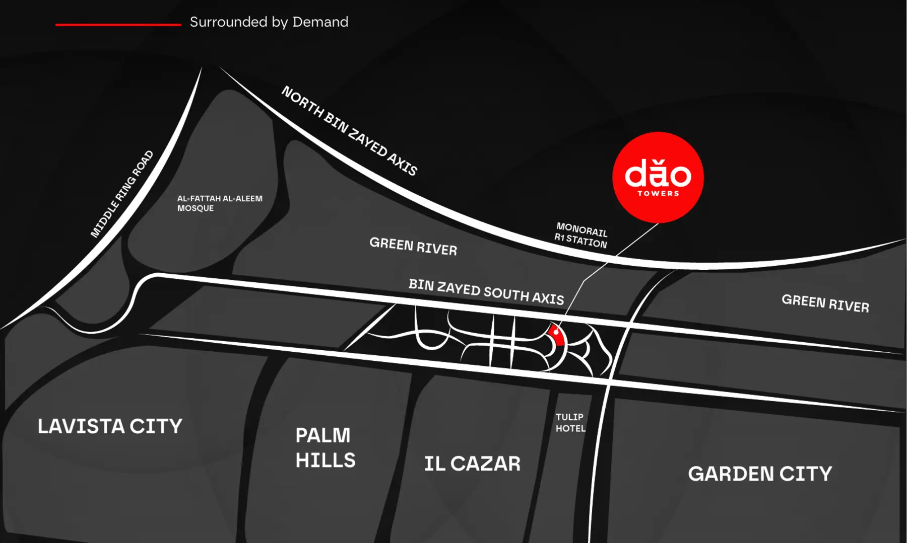 DAO Towers location map showing MU12 and surrounding New Capital destinations